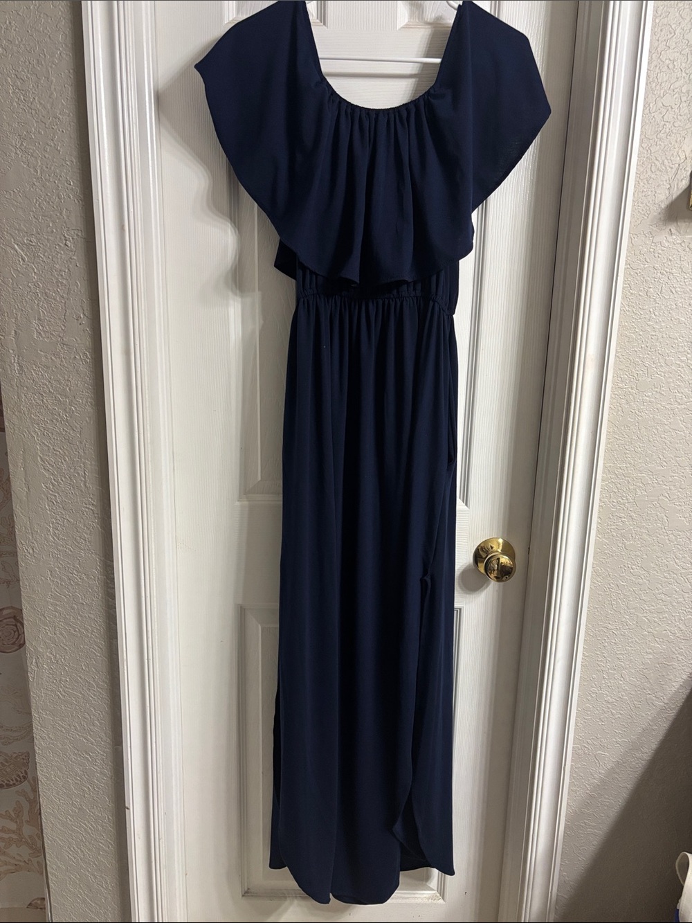 Navy Ruffle Off-Shoulder Maxi Dress - Picture 3 of 4